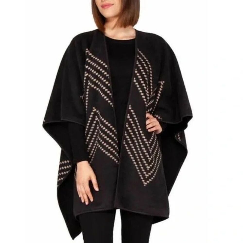 Ike Behar Women's Reversible Black Geometric Poncho Shawl Wrap